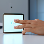 A young professional in a modest, smart casual outfit, gently interacting with a sleek, minimalist smart home device on a modern, clean desk. Soft, warm ambient light illuminates the scene, highlighting the device's subtle, responsive glowing interface. The person's expression is calm, content, and engaged, reflecting a seamless and intuitive user experience. The background is a blurred, contemporary living space, emphasizing comfort and technological harmony. Perfect anatomy, correct proportions, natural pose, well-formed hands, proper finger count, natural body proportions. Professional photography, high resolution, soft focus, depth of field. safe for work, appropriate content, fully clothed, professional, family-friendly.