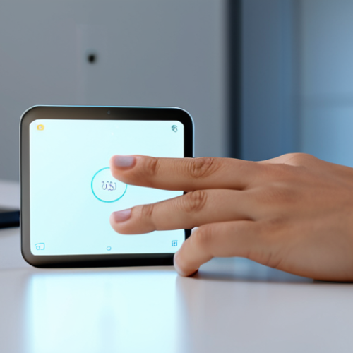 Home 11 A young professional in a modest, smart casual outfit, gently interacting with a sleek, minimalist smart home device on a modern, clean desk. Soft, warm ambient light illuminates the scene, highlighting the device's subtle, responsive glowing interface. The person's expression is calm, content, and engaged, reflecting a seamless and intuitive user experience. The background is a blurred, contemporary living space, emphasizing comfort and technological harmony. Perfect anatomy, correct proportions, natural pose, well-formed hands, proper finger count, natural body proportions. Professional photography, high resolution, soft focus, depth of field. safe for work, appropriate content, fully clothed, professional, family-friendly.
