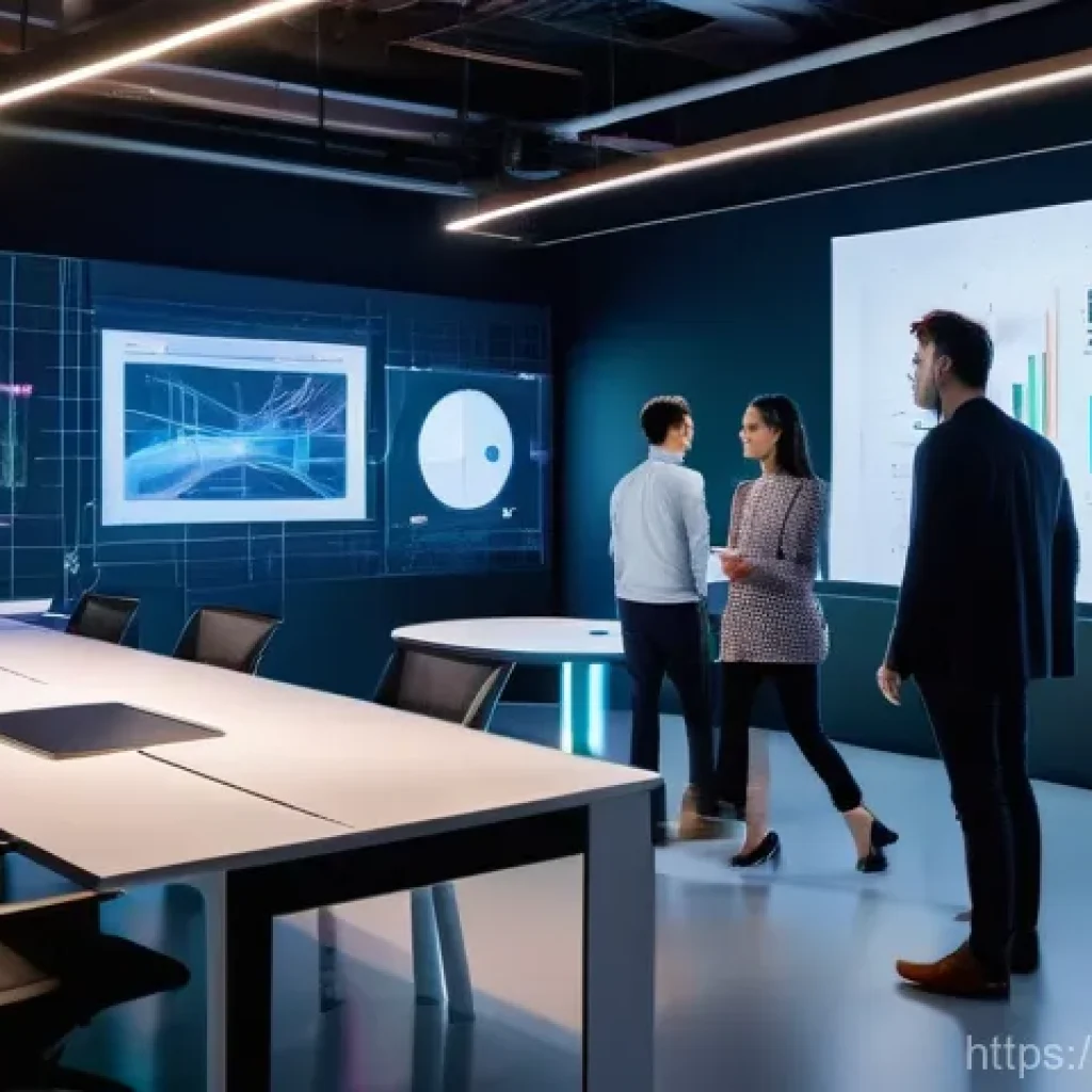 제품디자인 연구 동향 분석 - **AI-Driven Design Insight:** A high-tech, brightly lit design studio where a diverse group of desig...
