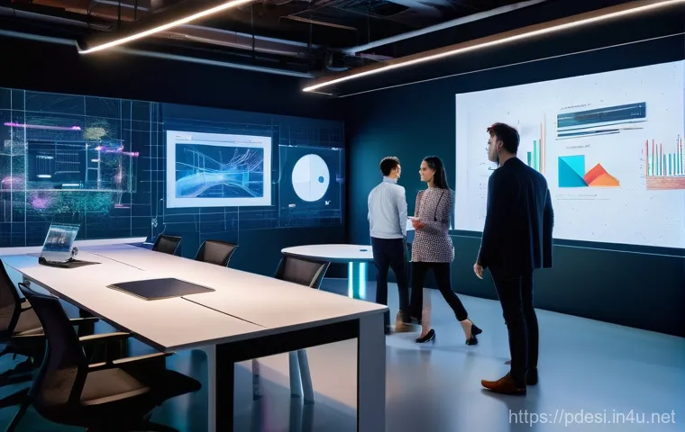 제품디자인 연구 동향 분석 - **AI-Driven Design Insight:** A high-tech, brightly lit design studio where a diverse group of desig...