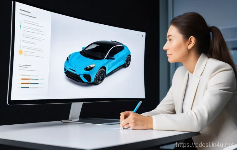 제품디자인 포트폴리오 피드백 받는 법 - A professional product designer, a woman in her late 30s with a smart casual blazer, is giving focus...