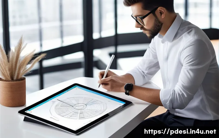 제품디자인 업무 효율을 높이는 도구 - **Prompt:** A product designer, casually dressed in smart business attire, intensely focused on a sl...