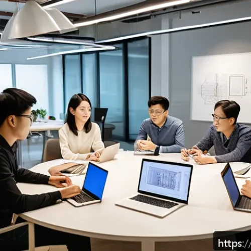 제품디자인 전문성을 높이는 실무 프로젝트 - A collaborative product design meeting scene in a modern office, featuring diverse professionals inc...