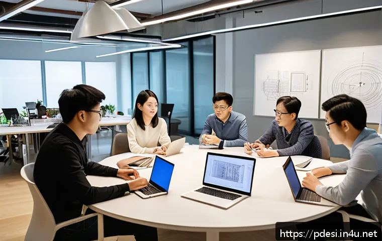 제품디자인 전문성을 높이는 실무 프로젝트 - A collaborative product design meeting scene in a modern office, featuring diverse professionals inc...