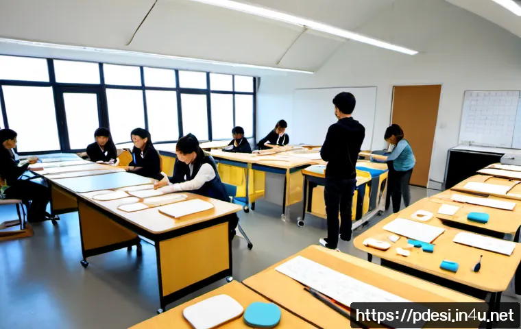 제품디자인 교육과정의 구조와 특징 - Photorealistic wide-angle view of a modern product design studio classroom, diverse university stude...