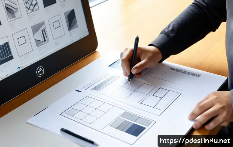 Home 17 제품디자인 포트폴리오와 자기소개서 연계법 - Photorealistic product designer at a clean modern desk, carefully arranging a sleek physical prototy...